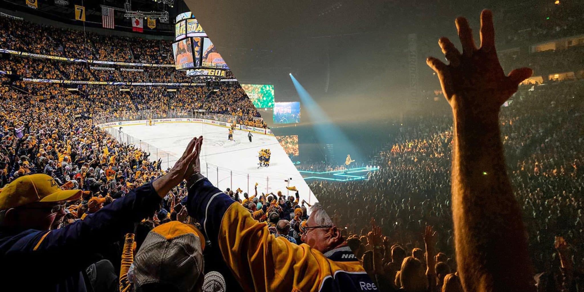 split-screen image of hockey game and worship concert in arena